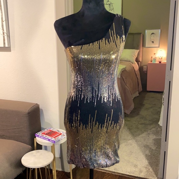 As U Wish black gold silver sequin one shoulder mini dress short tight fitted S‌ - Picture 2 of 15